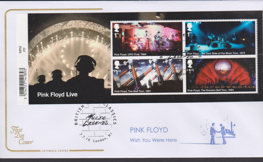 2016 - Pink Floyd, COTSWOLD Minisheet First Day Cover, Music Classics, London N1 Postmark